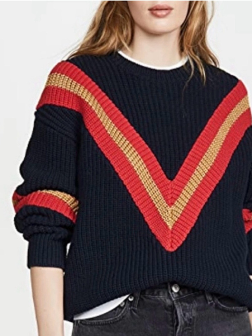 rag & bone Navy Crewneck Sweater with Red and Gold V-Stripe